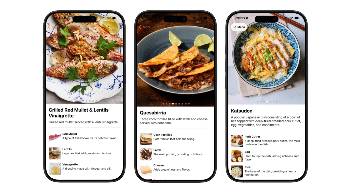 Example dishes explained by Menu Explain