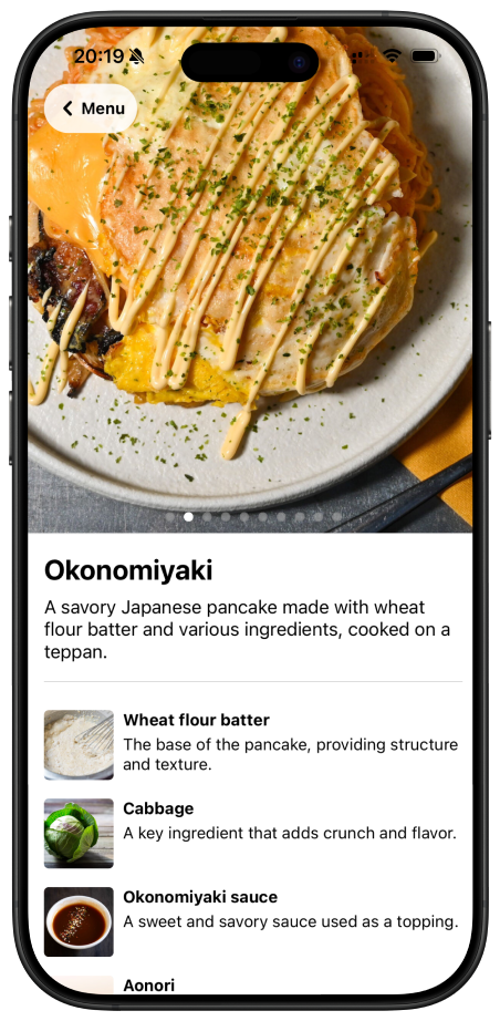 Menu Explain showing okonomiyaki with a photo and a full description